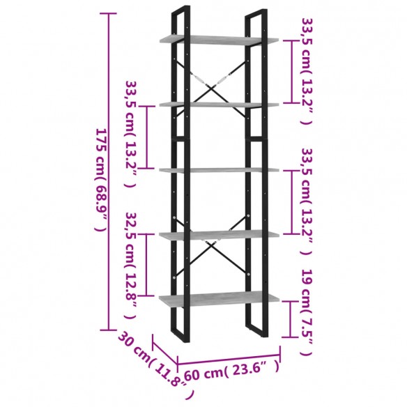 Bibliothèque à 5 niveaux Gris béton 60x30x175cm Bois ingénierie