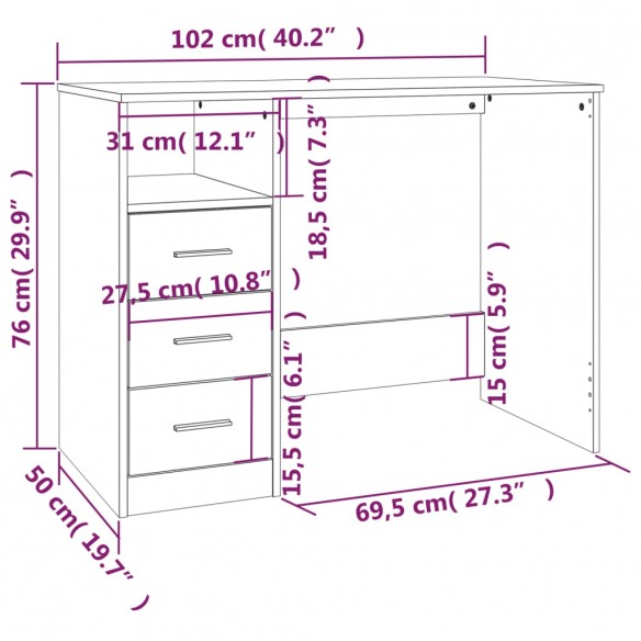 Bureau et tiroirs Blanc brillant 102x50x76 cm Bois d'ingénierie