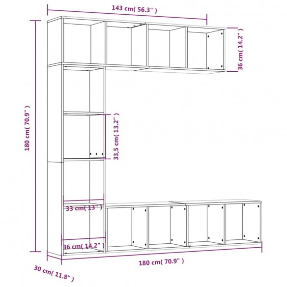 Ensemble bibliothèque/meuble TV 3 pcs Sonoma gris 180x30x180 cm