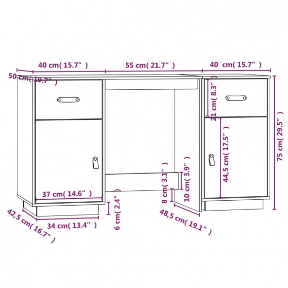 Bureau avec armoires Blanc 135x50x75 cm Bois massif de pin