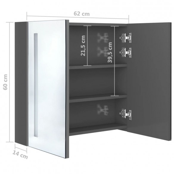 Armoire de salle de bain à miroir LED Gris brillant 62x14x60 cm