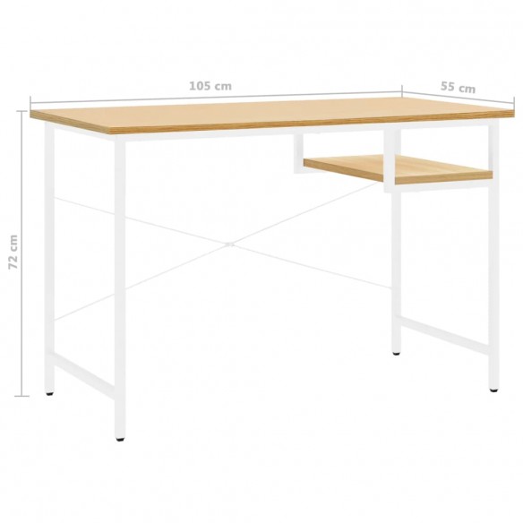 Bureau d'ordinateur Blanc/chêne clair 105x55x72 cm MDF et métal