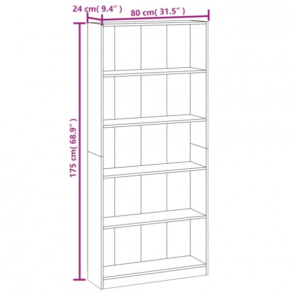 Bibliothèque 5 niveaux Chêne fumé 80x24x175cm Bois d'ingénierie