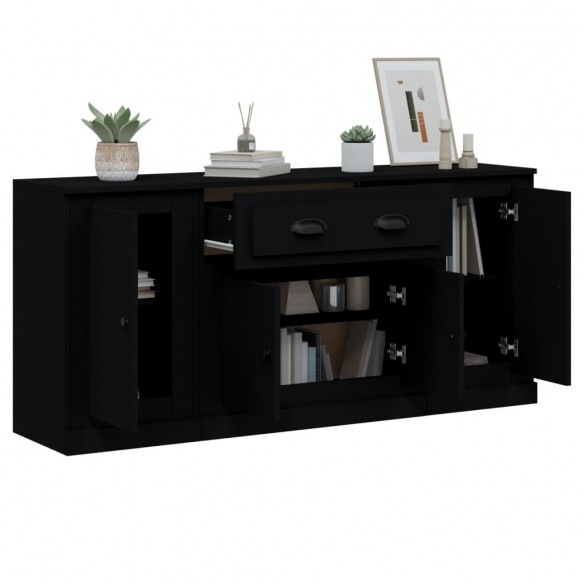 Buffets 3 pcs noir bois d'ingénierie