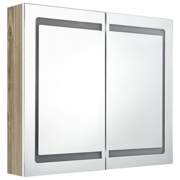 Armoire de salle de bain à miroir à LED Blanc et chêne