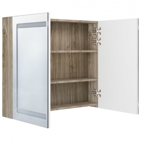 Armoire de salle de bain à miroir à LED Blanc et chêne