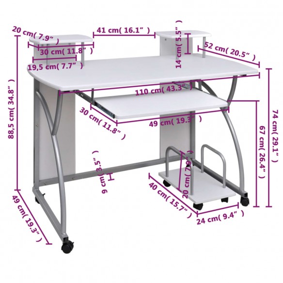 Bureau d'ordinateur Blanc 110x52x88,5 cm Bois d’ingénierie