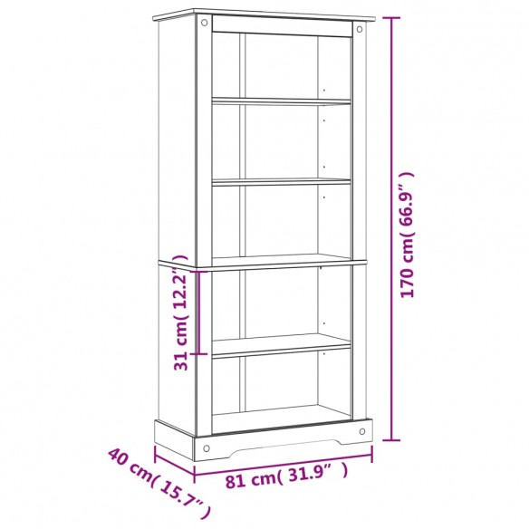 Bibliothèque 5 niveaux Gamme Corona Pin mexicain 81x40x170 cm