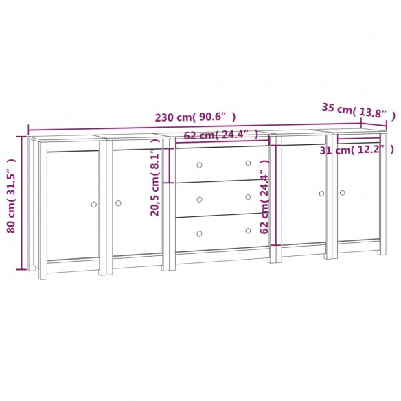 Buffet Noir 230x35x80 cm Bois massif de pin