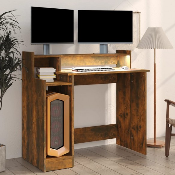 Bureau et lumières LED Chêne fumé 97x45x90 cm Bois d'ingénierie