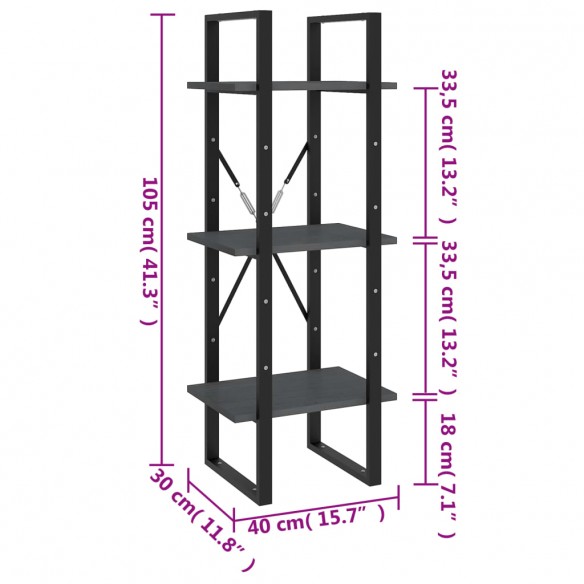 Bibliothèque à 3 niveaux Gris 40x30x105 cm Bois de pin massif