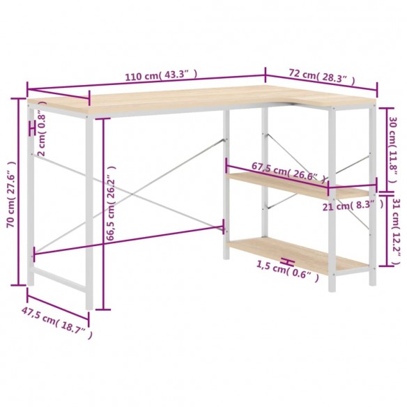 Bureau d'ordinateur Blanc et chêne 110x72x70 cm Aggloméré