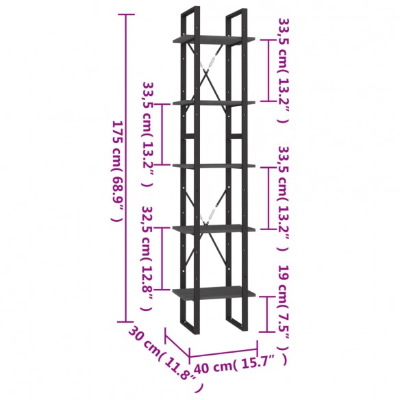 Bibliothèque à 5 niveaux Gris 40x30x175 cm Bois de pin