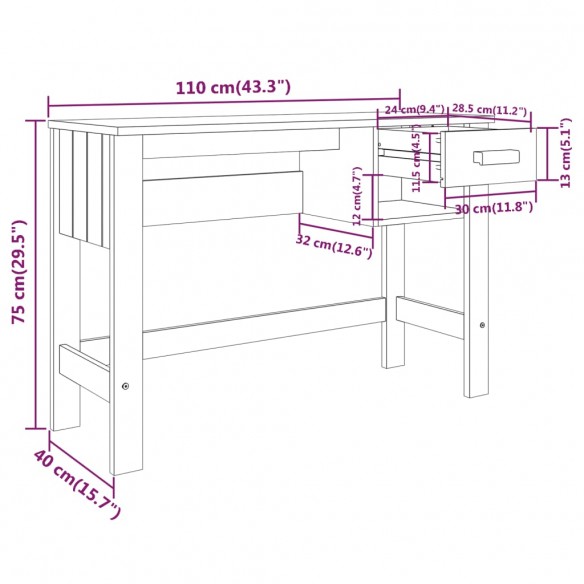 Bureau HAMAR Gris foncé 110x40x75 cm Bois massif de pin