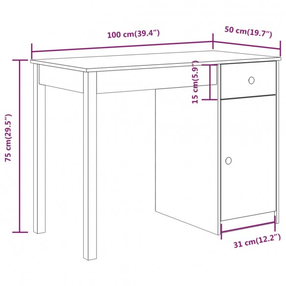 Bureau Noir 100x50x75 cm Bois massif de pin