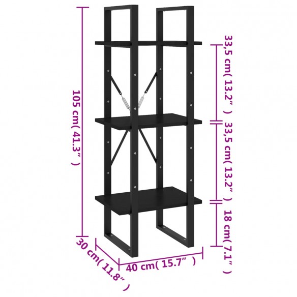 Bibliothèque à 3 niveaux Noir 40x30x105 cm Bois de pin massif