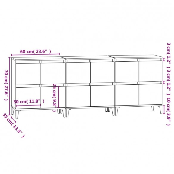 Buffets 3 pcs blanc 60x35x70 cm bois d'ingénierie