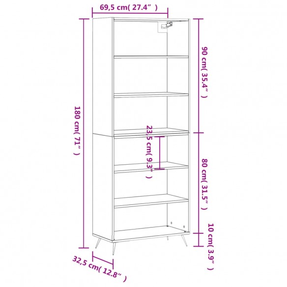 Buffet blanc brillant 69,5x32,5x180 cm bois d'ingénierie