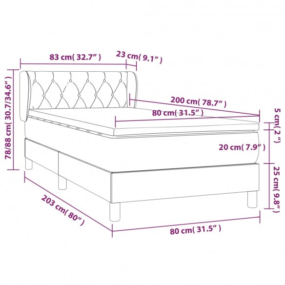 Cadre de lit avec matelas Gris foncé 80x200 cm Tissu