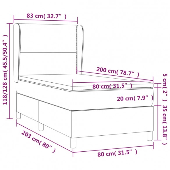 Cadre de lit avec matelas Gris foncé 80x200 cm Tissu