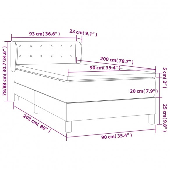 Cadre de lit avec matelas Gris foncé 90x200 cm Tissu