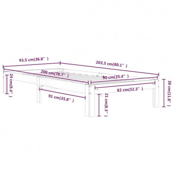 Cadre de lit Bois de pin massif 90x200 cm