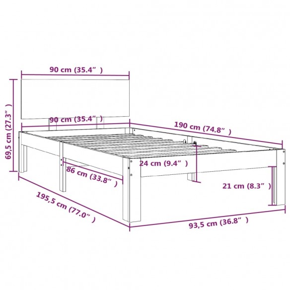 Cadre de lit Blanc Bois massif 90x190 cm Simple