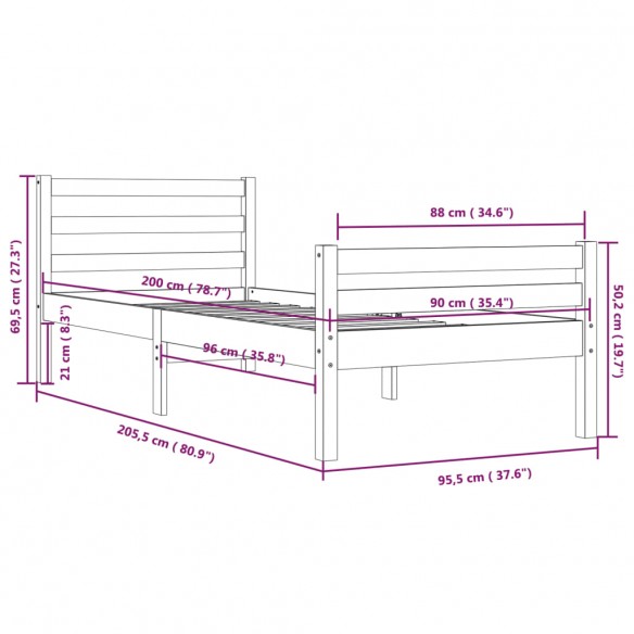 Cadre de lit Blanc Bois massif 90x200 cm