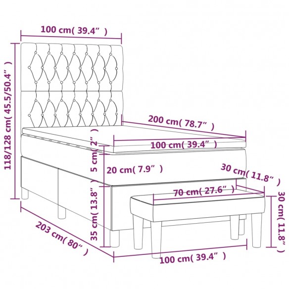 Cadre de lit avec matelas Gris foncé 100x200cm Tissu