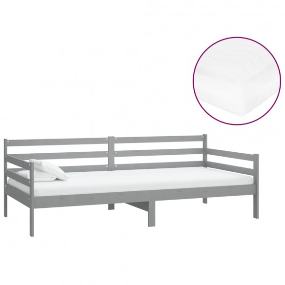 Lit de repos avec matelas 90x200 cm Gris Bois de pin massif