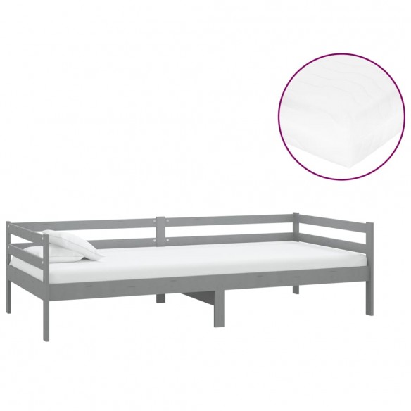 Lit de repos avec matelas 90x200 cm Gris Bois de pin massif