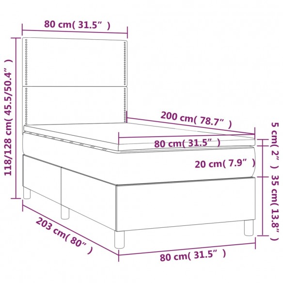 Cadre de lit avec matelas Gris foncé 80x200 cm Tissu