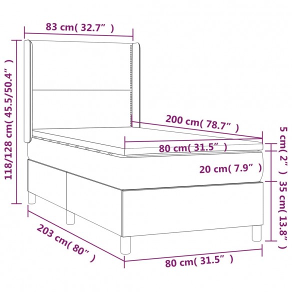 Cadre de lit avec matelas Gris foncé 80x200 cm Tissu