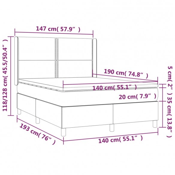 Cadre de lit matelas LED Gris clair 140x190 cm Tissu