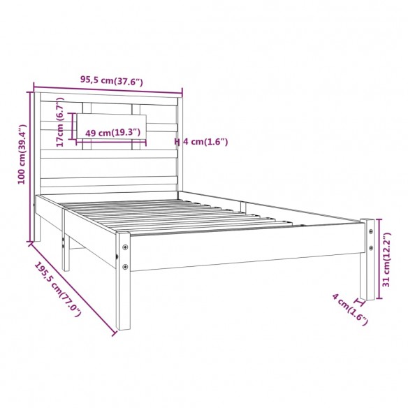 Cadre de lit Noir Bois massif 90x190 cm Simple