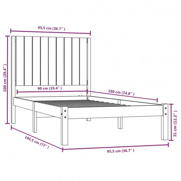 Cadre de lit Noir Bois de pin massif 90x190 cm Simple