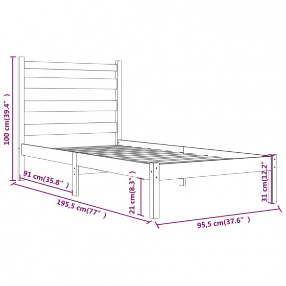 Cadre de lit Noir Bois de pin massif 90x190 cm Simple