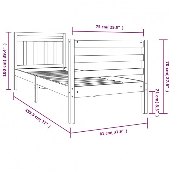 Cadre de lit Bois massif 75x190 cm Petit simple