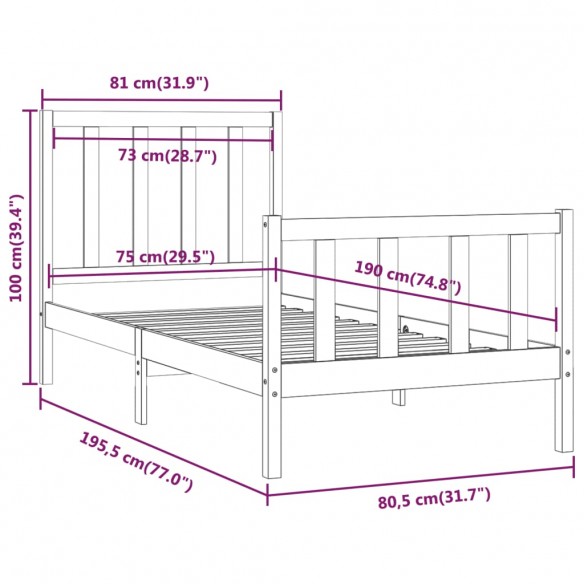 Cadre de lit bois massif 75x190 cm petit simple