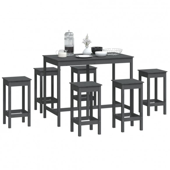 Ensemble de bar 7 pcs Gris Bois de pin massif