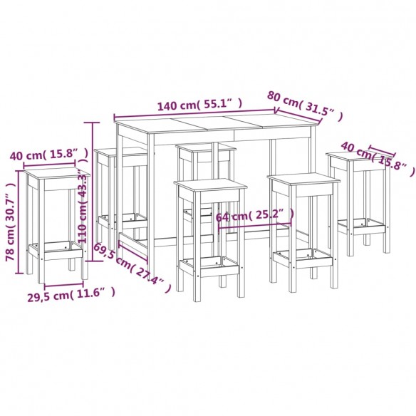 Ensemble de bar 7 pcs Gris Bois de pin massif