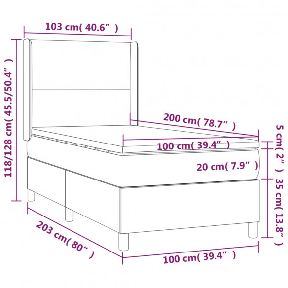 Cadre de lit avec matelas Gris foncé 100x200cm Tissu