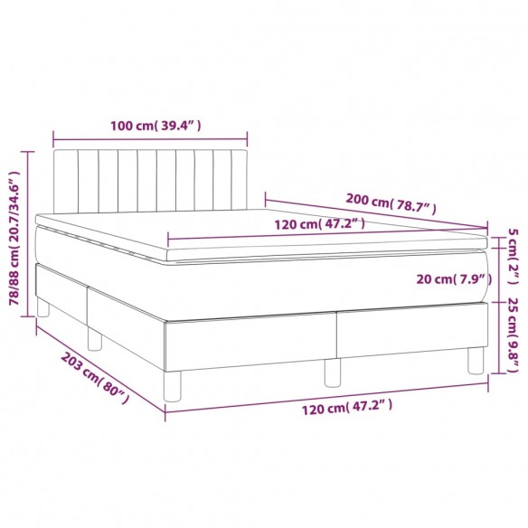 Cadre de lit matelas LED Gris clair 120x200 cm Tissu