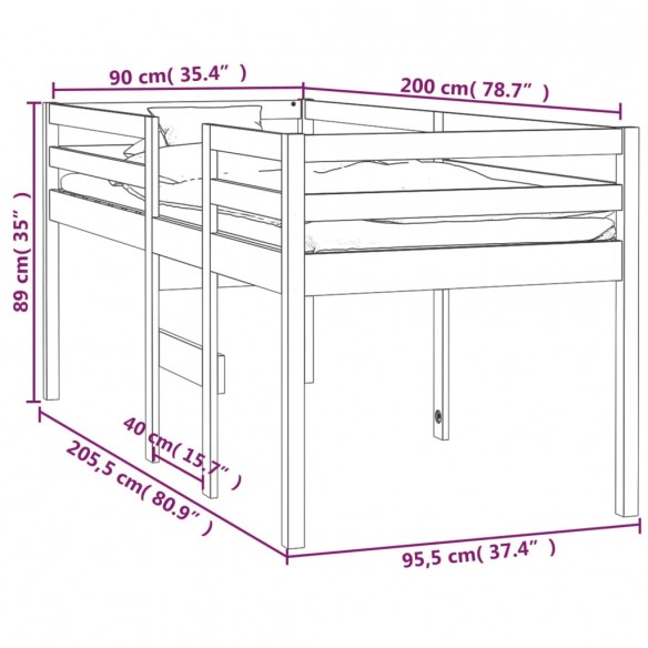 Lit haut Blanc 90x200 cm Bois de pin massif