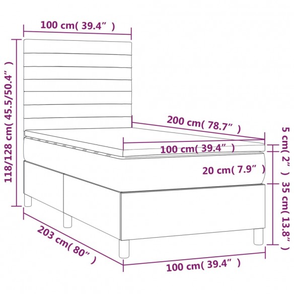 Cadre de lit et matelas et LED Gris foncé 100x200 cm