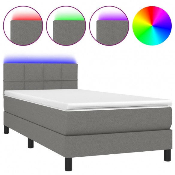 Cadre de lit avec matelas et LED Gris foncé 90x190cm