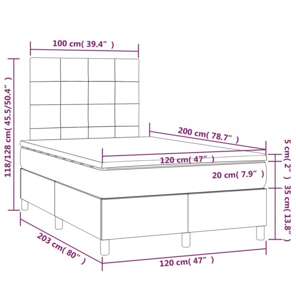 Cadre de lit et matelas Gris foncé 120x200cm Velours