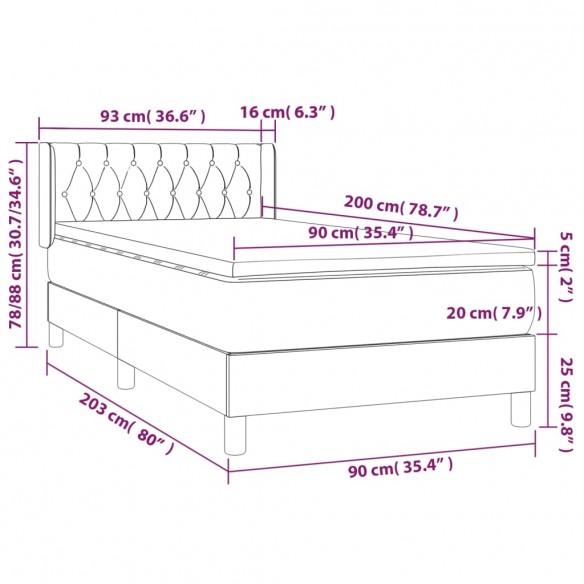 Cadre de lit avec matelas Gris clair 90x200 cm Tissu