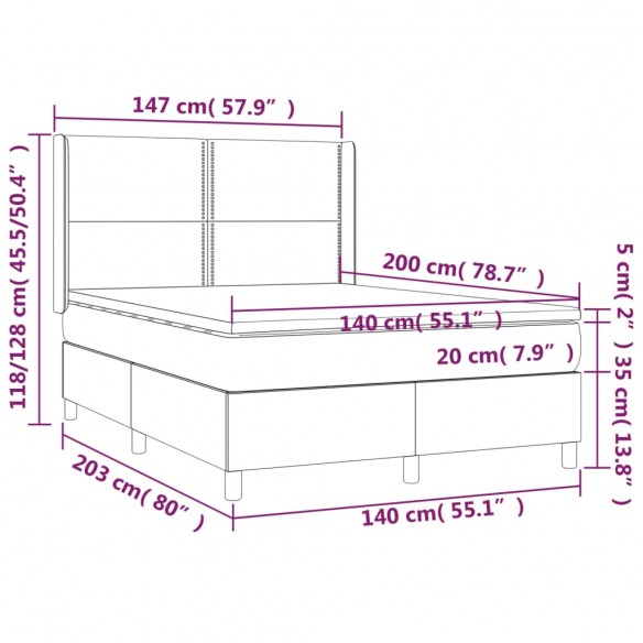 Cadre de lit matelas et LED Gris clair 140x200 cm