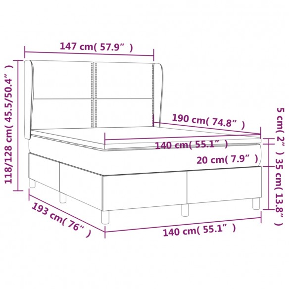 Cadre de lit et matelas Gris clair 140x190cm Velours